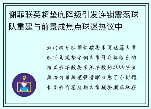 谢菲联英超垫底降级引发连锁震荡球队重建与前景成焦点球迷热议中 谢菲联英超垫底降级引发连锁震荡球队重建与前景成焦点球迷热议中