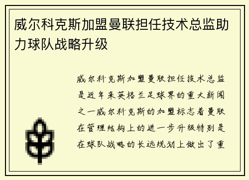 威尔科克斯加盟曼联担任技术总监助力球队战略升级